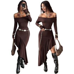 image:imageRoseSeek Womens Off Shoulder Long Sleeve Bodycon Long Dress Asymmetrical Ruffle Cowgirl DressesBrown