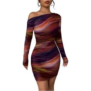 image:imageRoseSeek Womens Off Shoulder Ombre Tie Dye Bodycon Dress Long Sleeve Slim Fit Pencil Mini DressesOrange