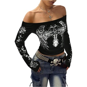 image:imageRoseSeek Womens Off The Shoulder Goth Graphic Tees Long Sleeve Slim Fit Y2K Crop Tops Vintage T ShirtBlack