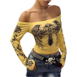 image:imageRoseSeek Womens Off The Shoulder Goth Graphic Tees Long Sleeve Slim Fit Y2K Crop Tops Vintage T ShirtYellow