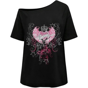 image:imageRoseSeek Womens Off The Shoulder Tops Gothic Graphic Tee Y2k Grunge Outfits Vintage Summer Going Out TopsHeart Print Black