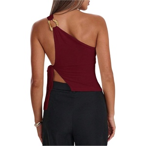 image:imageRoseSeek Womens One Shoulder Cut Out Tank Top Elegant Asymmetrical Knot Sleeveless Tops Going Out OutfitsBurgundy
