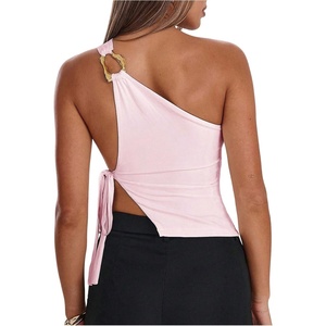 image:imageRoseSeek Womens One Shoulder Cut Out Tank Top Elegant Asymmetrical Knot Sleeveless Tops Going Out OutfitsCoral Pink