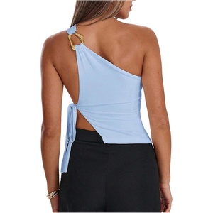 image:imageRoseSeek Womens One Shoulder Cut Out Tank Top Elegant Asymmetrical Knot Sleeveless Tops Going Out OutfitsLight Blue