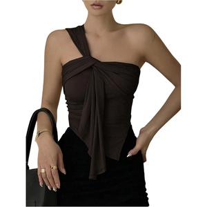 image:imageRoseSeek Womens One Shoulder Twist Front Tank Top Sleeveless Fitted Ruched Going Out Tops Date Night OutfitBrown