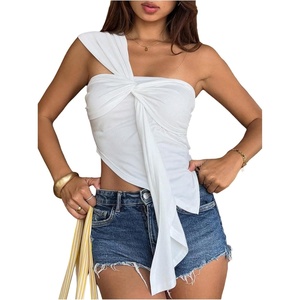 image:imageRoseSeek Womens One Shoulder Twist Front Tank Top Sleeveless Fitted Ruched Going Out Tops Date Night OutfitWhite