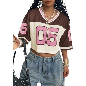 image:imageRoseSeek Womens Oversized Jersey Shirts Mesh Number Graphic Tees V Neck Streetwear Y2k Crop TopsPink
