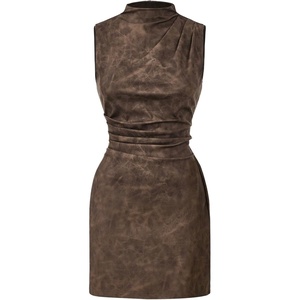 image:imageRoseSeek Womens PU Leather Ruched Bodycon Dresses Mock Neck Sleeveless Zipper Mini Tank DressBrown