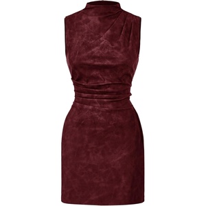 image:imageRoseSeek Womens PU Leather Ruched Bodycon Dresses Mock Neck Sleeveless Zipper Mini Tank DressBurgundy