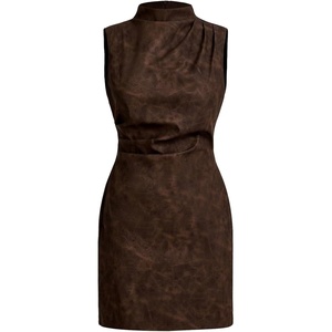 image:imageRoseSeek Womens PU Leather Ruched Bodycon Dresses Mock Neck Sleeveless Zipper Mini Tank DressCoffee Brown