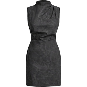 image:imageRoseSeek Womens PU Leather Ruched Bodycon Dresses Mock Neck Sleeveless Zipper Mini Tank DressDark Grey
