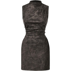 image:imageRoseSeek Womens PU Leather Ruched Bodycon Dresses Mock Neck Sleeveless Zipper Mini Tank DressGrey