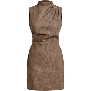 image:imageRoseSeek Womens PU Leather Ruched Bodycon Dresses Mock Neck Sleeveless Zipper Mini Tank DressMocha Brown