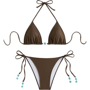 image:imageRoseSeek Womens Pearl Beaded Cheeky Micro Bikini Sets High Cut Triangle String Thong SwimsuitsBrown