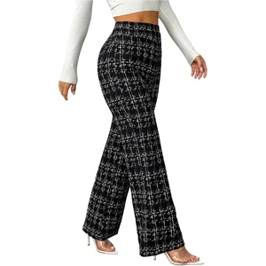 image:imageRoseSeek Womens Plaid Pants Elastic High Waisted Wide Leg Long Pants Elegant Work Business Casual TrousersBlack