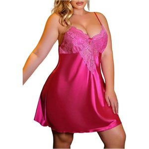 image:imageRoseSeek Womens Plus Size Floral Lace Sheer Satin Nightgown Spaghetti Strap Night Dress ChemiseHot Pink