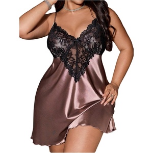 image:imageRoseSeek Womens Plus Size Floral Lace Sheer Satin Nightgown Spaghetti Strap Night Dress ChemiseMocha Brown