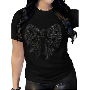 image:imageRoseSeek Womens Rhinestone Sequin Bowknot Graphic Tees Short Sleeve Crewneck Summer Tops Going Out T ShirtBlack Bow