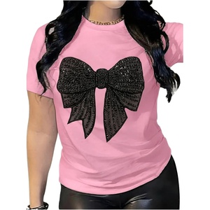 image:imageRoseSeek Womens Rhinestone Sequin Bowknot Graphic Tees Short Sleeve Crewneck Summer Tops Going Out T ShirtBright Pink