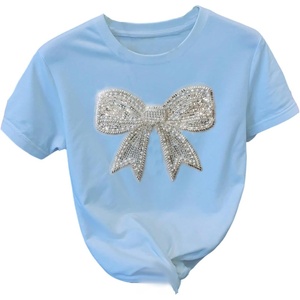 image:imageRoseSeek Womens Rhinestone Sequin Bowknot Graphic Tees Short Sleeve Crewneck Summer Tops Going Out T ShirtLight Blue