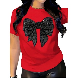 image:imageRoseSeek Womens Rhinestone Sequin Bowknot Graphic Tees Short Sleeve Crewneck Summer Tops Going Out T ShirtRed