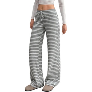 image:imageRoseSeek Womens Ribbed Knit Striped Wide Leg Pants Elastic High Waisted Baggy Pants Casual TrousersWhite