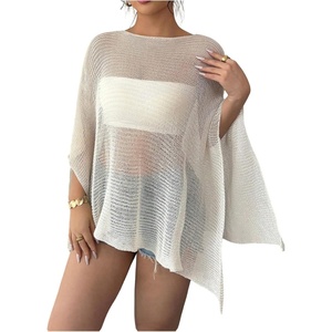 image:imageRoseSeek Womens See Through Knit Poncho Shawl 34 Sleeve Split Asymmetrical Shrug Sweater Cover UpApricot