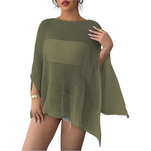image:imageRoseSeek Womens See Through Knit Poncho Shawl 34 Sleeve Split Asymmetrical Shrug Sweater Cover UpArmy Green