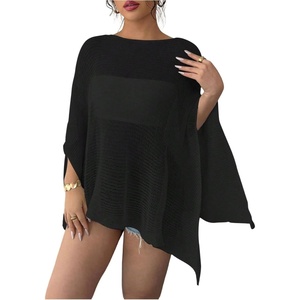 image:imageRoseSeek Womens See Through Knit Poncho Shawl 34 Sleeve Split Asymmetrical Shrug Sweater Cover UpBlack