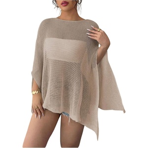 image:imageRoseSeek Womens See Through Knit Poncho Shawl 34 Sleeve Split Asymmetrical Shrug Sweater Cover UpKhaki