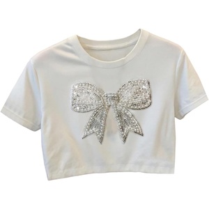 image:imageRoseSeek Womens Sequin Pearl Bow T Shirts Crop Tops Crew Neck Short Sleeve Tees Summer OutfitsWhite