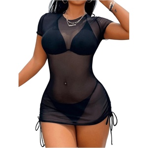 image:imageRoseSeek Womens Sheer Mesh Drawstring Ruched Swimsuit Beach Dress Bathing Suit Cover UpBlack