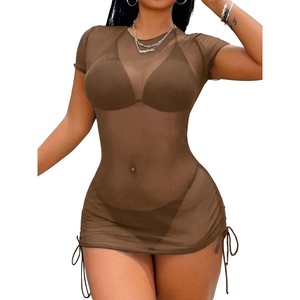 image:imageRoseSeek Womens Sheer Mesh Drawstring Ruched Swimsuit Beach Dress Bathing Suit Cover UpCoffee Brown