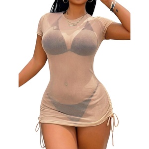 image:imageRoseSeek Womens Sheer Mesh Drawstring Ruched Swimsuit Beach Dress Bathing Suit Cover UpKhaki
