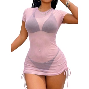 image:imageRoseSeek Womens Sheer Mesh Drawstring Ruched Swimsuit Beach Dress Bathing Suit Cover UpLight Pink