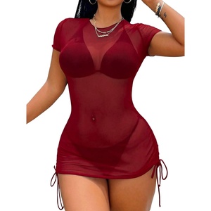 image:imageRoseSeek Womens Sheer Mesh Drawstring Ruched Swimsuit Beach Dress Bathing Suit Cover UpRed