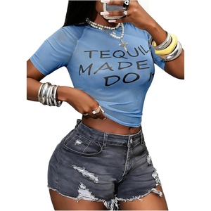 image:imageRoseSeek Womens Sheer Mesh Letter Graphic Tees Short Sleeve Crew Neck Y2K Vintage Summer Going Out Crop TopsRoyal Blue