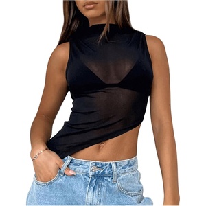 image:imageRoseSeek Womens Sheer Mesh Mock Neck Crop Tank Tops Sleeveless Asymmetrical Hem Summer Going Out Tops ClubwearBlack