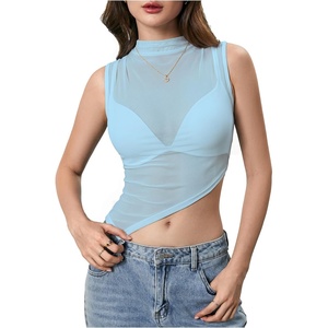 image:imageRoseSeek Womens Sheer Mesh Mock Neck Crop Tank Tops Sleeveless Asymmetrical Hem Summer Going Out Tops ClubwearLight Blue