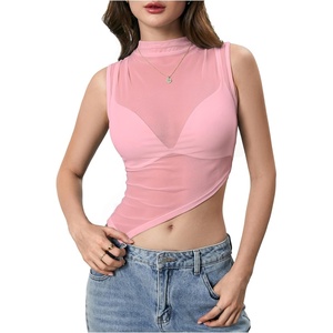image:imageRoseSeek Womens Sheer Mesh Mock Neck Crop Tank Tops Sleeveless Asymmetrical Hem Summer Going Out Tops ClubwearLight Pink