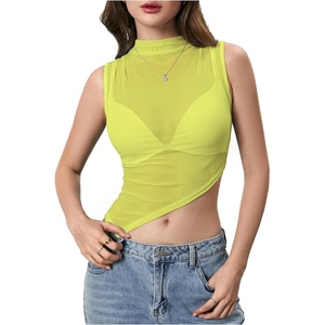 image:imageRoseSeek Womens Sheer Mesh Mock Neck Crop Tank Tops Sleeveless Asymmetrical Hem Summer Going Out Tops ClubwearLight Yellow