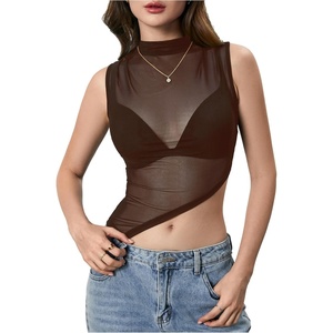 image:imageRoseSeek Womens Sheer Mesh Mock Neck Crop Tank Tops Sleeveless Asymmetrical Hem Summer Going Out Tops ClubwearMedium Brown