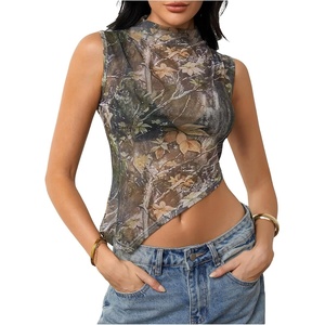 image:imageRoseSeek Womens Sheer Mesh Mock Neck Crop Tank Tops Sleeveless Asymmetrical Hem Summer Going Out Tops ClubwearMulticolor Camo