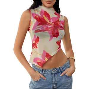 image:imageRoseSeek Womens Sheer Mesh Mock Neck Crop Tank Tops Sleeveless Asymmetrical Hem Summer Going Out Tops ClubwearMulticolor Floral