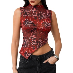 image:imageRoseSeek Womens Sheer Mesh Mock Neck Crop Tank Tops Sleeveless Asymmetrical Hem Summer Going Out Tops ClubwearMulticolor Red