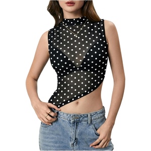 image:imageRoseSeek Womens Sheer Mesh Mock Neck Crop Tank Tops Sleeveless Asymmetrical Hem Summer Going Out Tops ClubwearPolka Dots Black and White