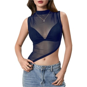 image:imageRoseSeek Womens Sheer Mesh Mock Neck Crop Tank Tops Sleeveless Asymmetrical Hem Summer Going Out Tops ClubwearRoyal Blue