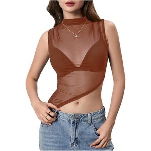 image:imageRoseSeek Womens Sheer Mesh Mock Neck Crop Tank Tops Sleeveless Asymmetrical Hem Summer Going Out Tops ClubwearWarm Brown