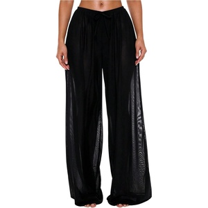 image:imageRoseSeek Womens Sheer Mesh Swimsuit Cover Up Drawstring Waist Wide Leg Loose Beach PantsBlack