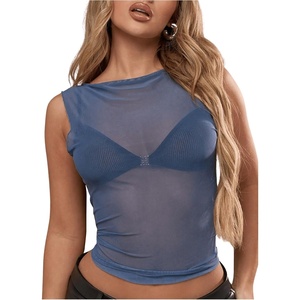 image:imageRoseSeek Womens Sheer Mesh Tank Top Sleeveless Slim Fit Fitted Summer Shirts Going Out TopsDusty Blue